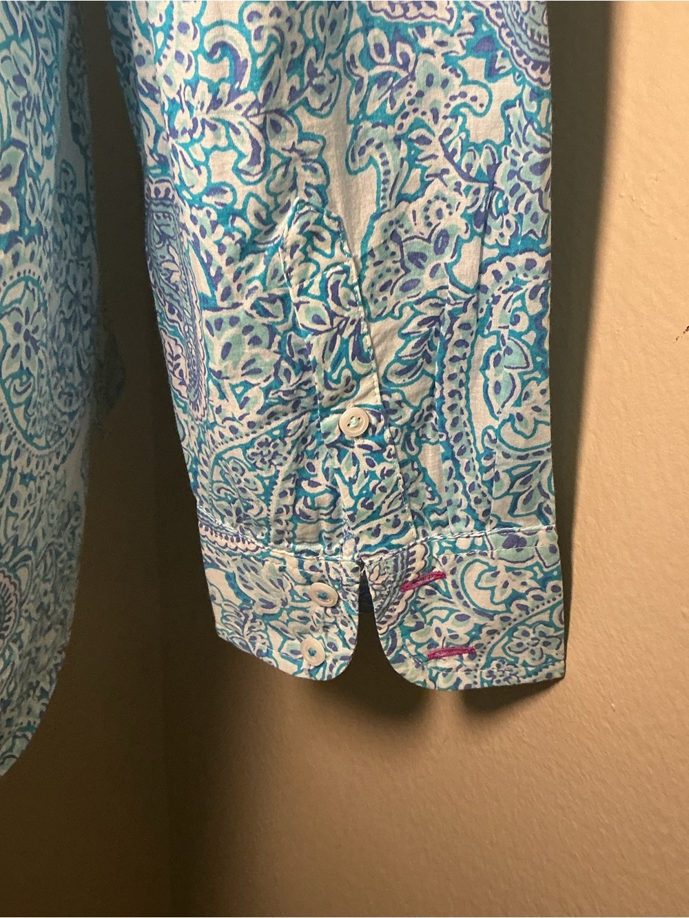 Talbots Blue Paisley Button Front Blouse Medium 100% Cotton Long Sleeve - Picture 5 of 7